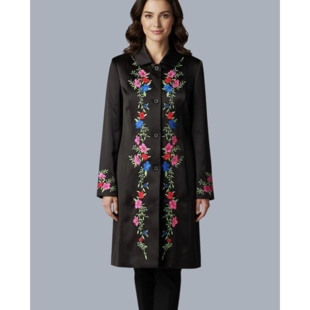 VTG Y2K Black Satin Blazer Jacket Longline Duster EMBROIDERED FLOWERS sz 6